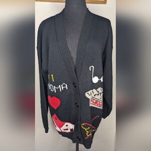 Vtg Cuddle Knit Women's Black V-Neck Button Down Graphic Print #1 Grandma Size M